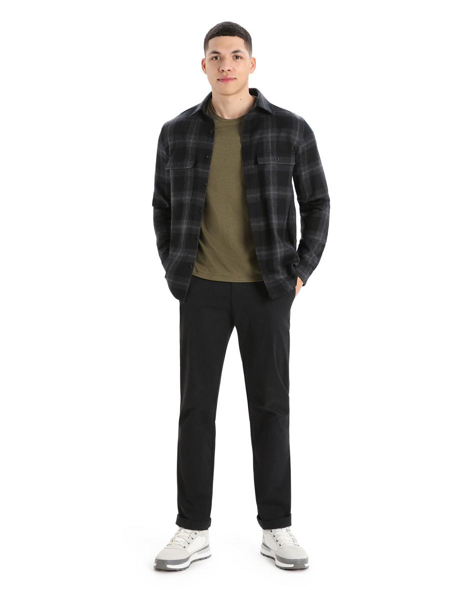 Men's Icebreaker Merino Dawnder Long Sleeve Flannel Shirt Plaid Hoodie Jet Heather | CA 1691GSOL